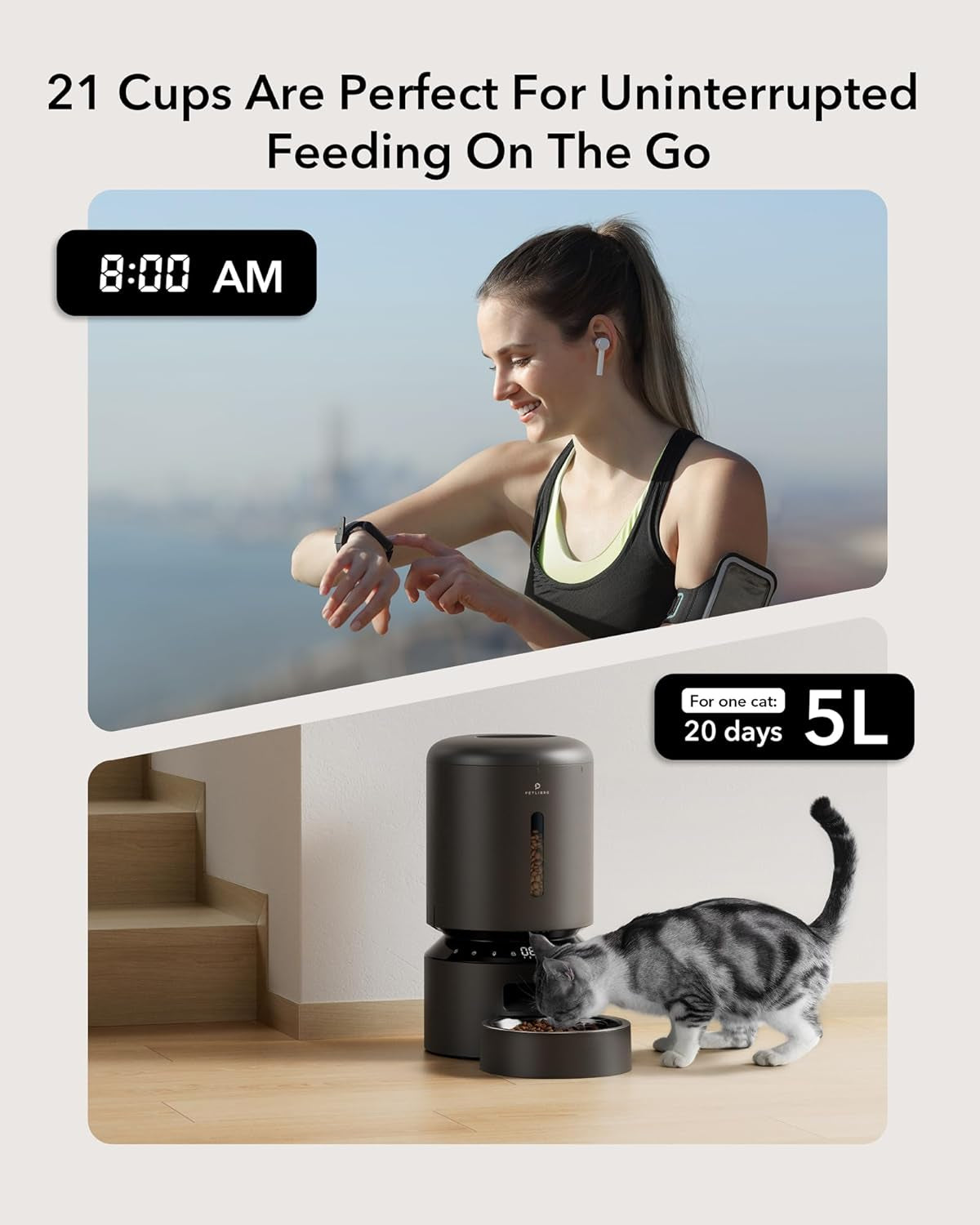 Automatic Cat Feeder with Camera for Two Cats, 1080P HD Video with Night Vision, 5G Wifi Pet Feeder with Phone APP Control, 2-Way Audio for Cat & Dog, Low Food & Motion & Sound Alerts