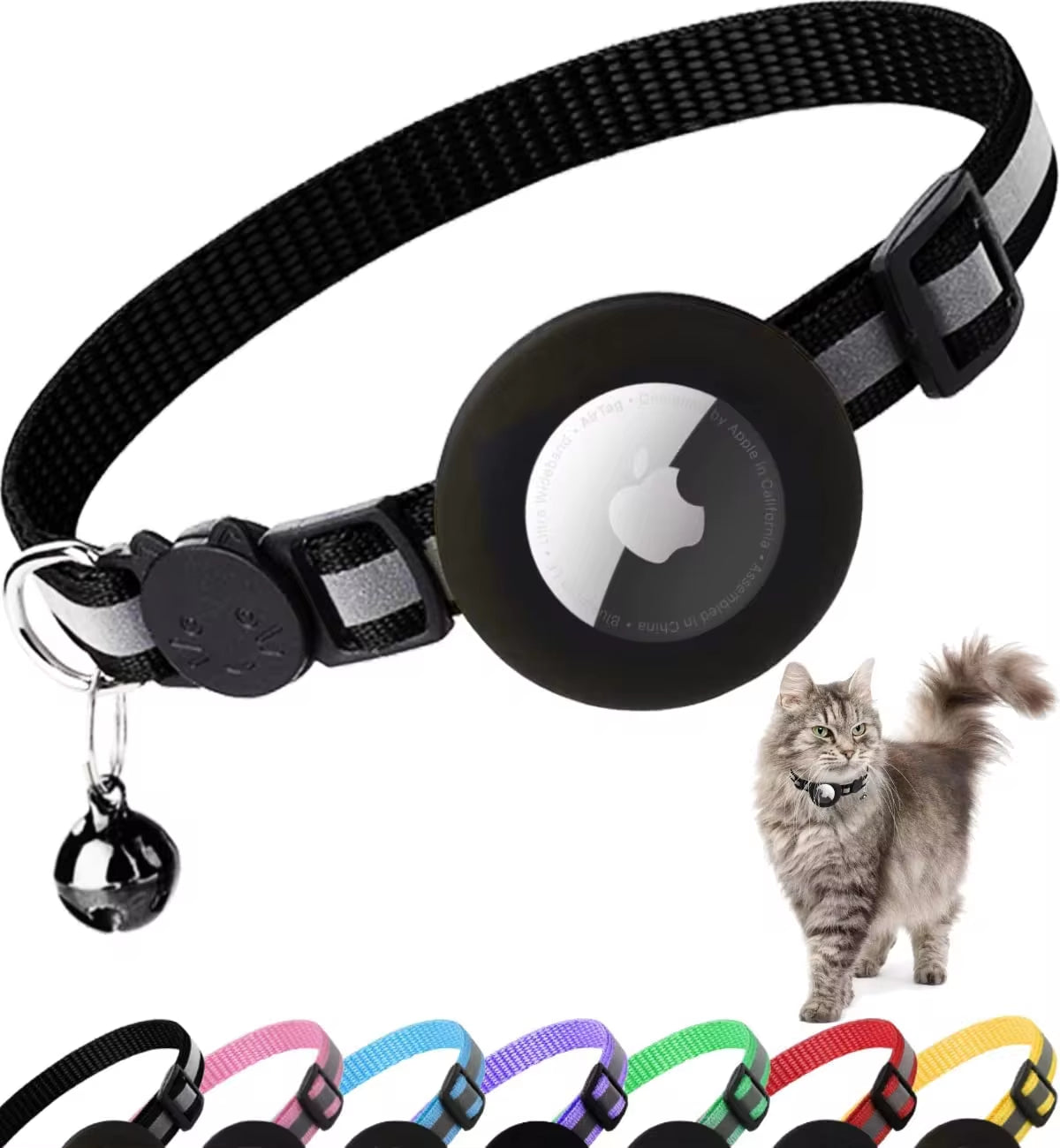 Airtag Cat Collar Breakaway, Reflective Kitten Collar with Apple Air Tag Holder and Bell for Girl Boy Cats, 0.4 Inches